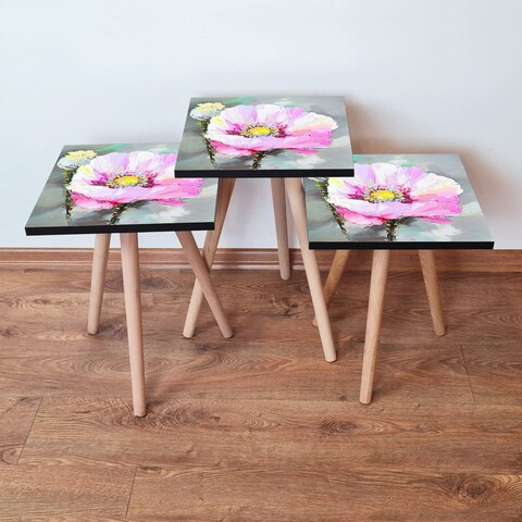 Set masute 3 piese, Leona, 3Shp299, MDF , Alb / Roz / Gri / Galben