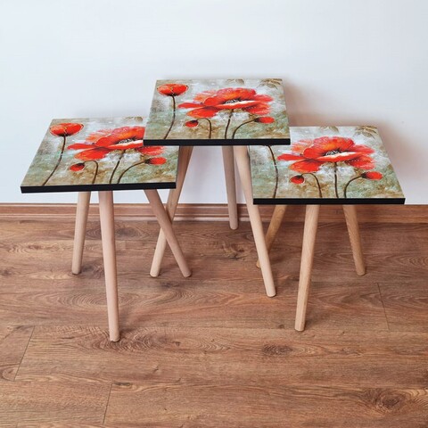 Set masute 3 piese, Leona, 3Shp301, MDF , Roșu / Negru / Bej