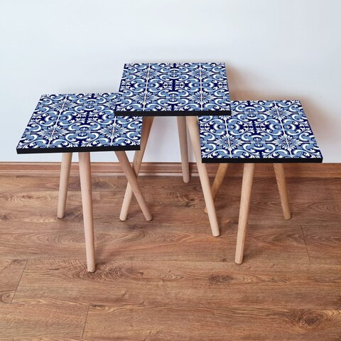 Set masute 3 piese, Leona, 3Shp31, MDF , Bleumarin / Alb / Albastru