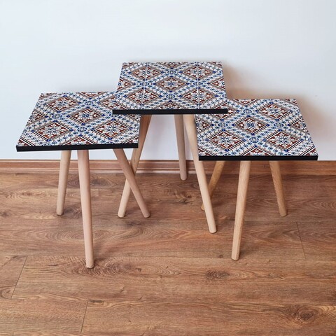 Set masute 3 piese, Leona, 3Shp32, MDF , Albastru marin / Albastru / Roșu bordeaux