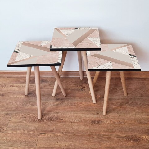 Set masute 3 piese, Leona, 3Shp320, MDF , Bej / Roz / Alb