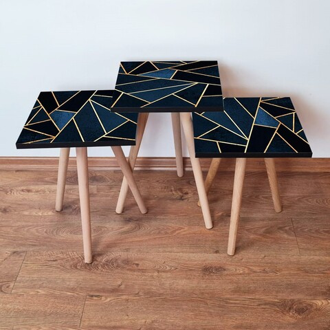 Set masute 3 piese, Leona, 3Shp321, MDF , Bleumarin / Negru / Auriu