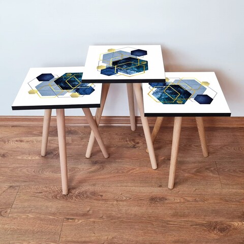 Set masute 3 piese, Leona, 3Shp327, MDF , Alb / Bleumarin / Albastru / Auriu