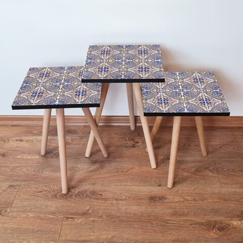 Set masute 3 piese, Leona, 3Shp34, MDF , Bleumarin / Albastru / Bej