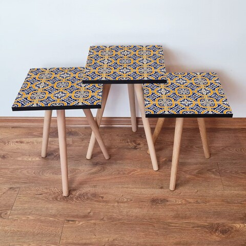Set masute 3 piese, Leona, 3Shp35, MDF , Bleumarin / Portocaliu / Alb