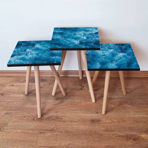 Set masute 3 piese, Leona, 3Shp357, MDF , Albastru/Alb