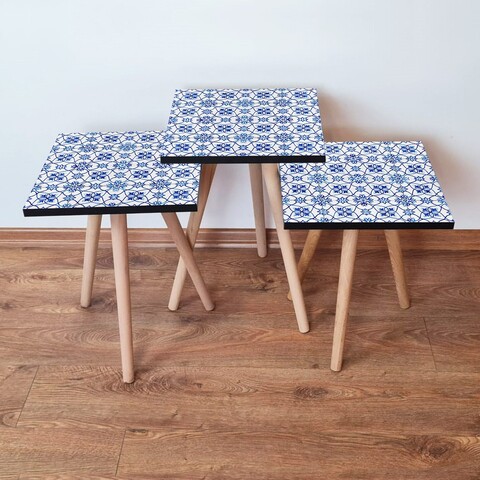 Set masute 3 piese, Leona, 3Shp37, MDF , Bleumarin / Albastru / Alb