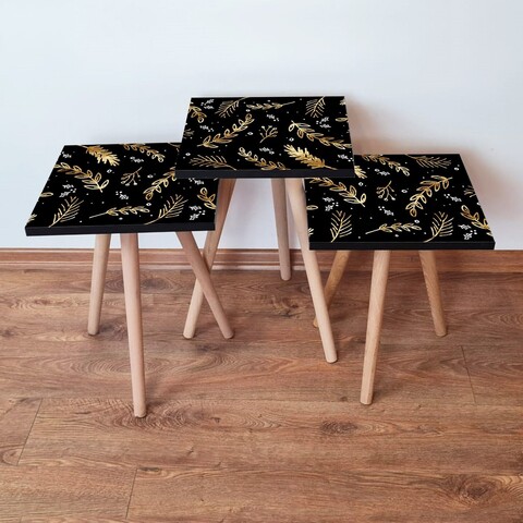 Set masute 3 piese, Leona, 3Shp382, MDF , Negru / Auriu / Alb