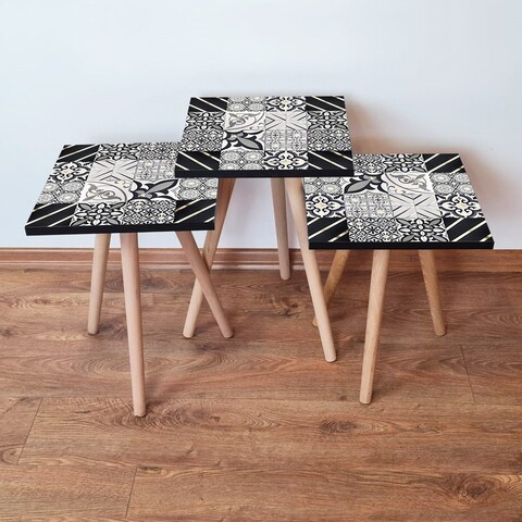 Set masute 3 piese, Leona, 3Shp384, MDF , Negru / Alb / Auriu