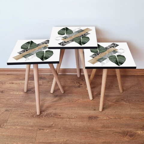 Set masute 3 piese, Leona, 3Shp385, MDF , Alb / Verde / Bej / Negru