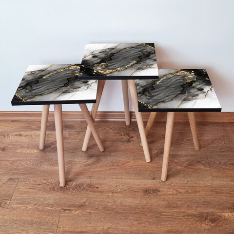 Set masute 3 piese, Leona, 3Shp391, MDF , Negru / Alb / Auriu