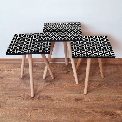 Set masute 3 piese, Leona, 3Shp395, MDF , Alb/Negru