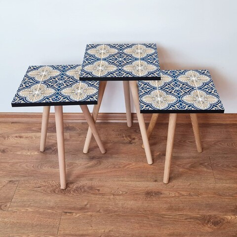 Set masute 3 piese, Leona, 3Shp40, MDF , Bleumarin / Bej / Alb