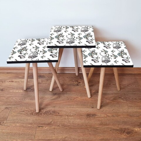 Set masute 3 piese, Leona, 3Shp400, MDF , Alb / Negru / Albastru / Galben