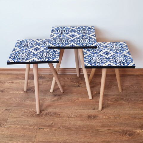 Set masute 3 piese, Leona, 3Shp41, MDF , Bleumarin / Albastru / Alb