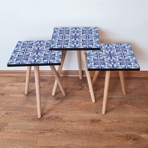 Set masute 3 piese, Leona, 3Shp42, MDF , Bleumarin / Albastru / Alb