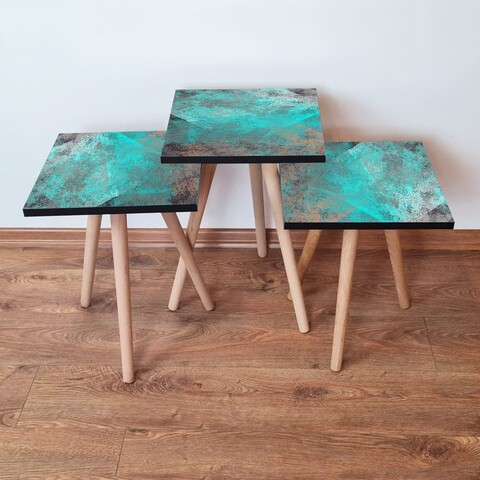 Set masute 3 piese, Leona, 3Shp57, MDF , Albastru / Gri / Bej