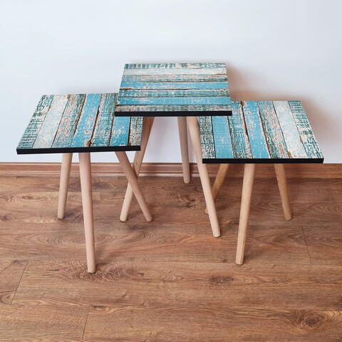 Set masute 3 piese, Leona, 3Shp6, MDF , Albastru/Alb