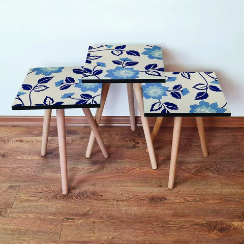 Set masute 3 piese, Leona, 3Shp62, MDF , Bej / Bleumarin / Albastru