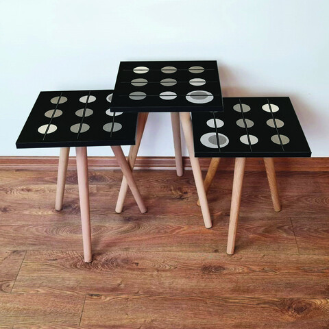 Set masute 3 piese, Leona, 3Shp66, MDF , Negru / Gri / Bej