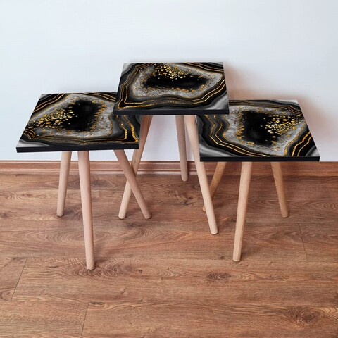 Set masute 3 piese, Leona, 3Shp76, MDF , Negru / Alb / Auriu