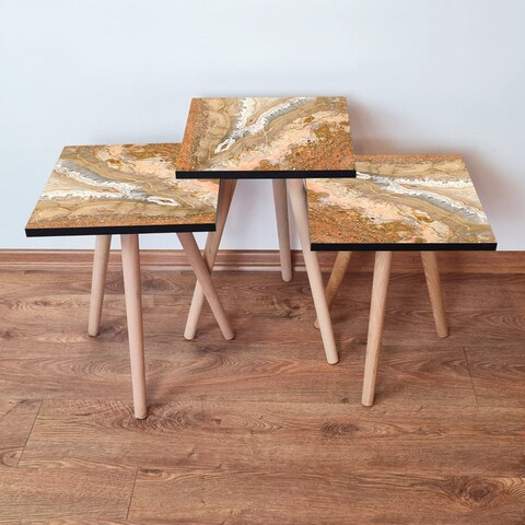 Set masute 3 piese, Leona, 3Shp77, MDF , Portocaliu / Alb / Bej
