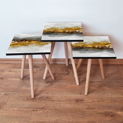Set masute 3 piese, Leona, 3Shp81, MDF , Alb / Negru / Auriu