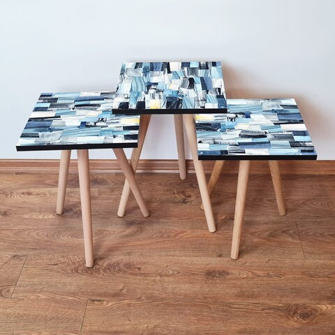 Set masute 3 piese, Leona, 3Shp82, MDF , Bleumarin / Albastru / Alb