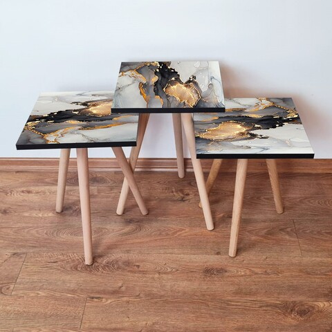 Set masute 3 piese, Leona, 3Shp83, MDF , Negru / Alb / Auriu