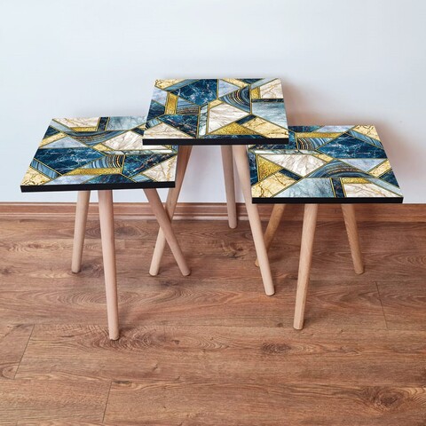 Set masute 3 piese, Leona, 3Shp84, MDF , Bleumarin / Albastru / Auriu / Alb
