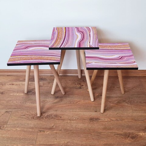 Set masute 3 piese, Leona, 3Shp88, MDF , Roz / Alb / Auriu