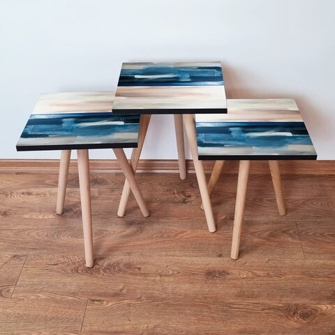 Set masute 3 piese, Leona, 3Shp94, MDF , Bleumarin / Albastru / Alb