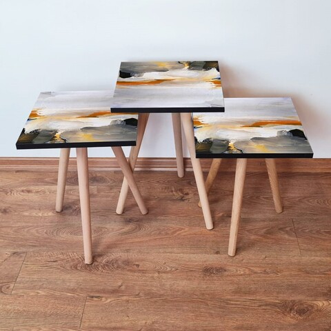 Set masute 3 piese, Leona, 3Shp96, MDF , Negru / Alb / Portocaliu