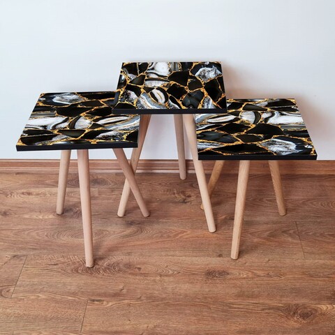 Set masute 3 piese, Leona, 3Shp99, MDF , Negru / Auriu / Alb