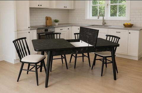 Set masa extensibila si 4 scaune, Fairfax, Lotus, Lemn de fag, Negru