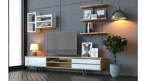 Comoda TV, Rabi, Rb-065, 180x45x40 cm, PAL, Alb / Stejar