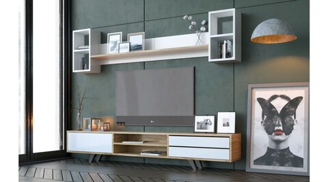 Comoda TV, Rabi, Rb-072, 180x45x40 cm, PAL, Alb / Stejar