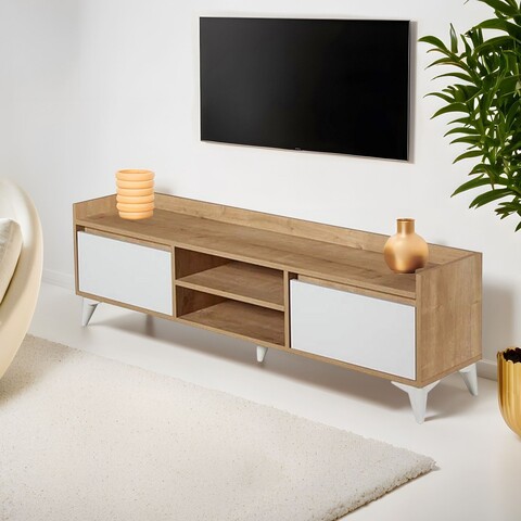 Comoda TV, Tuvalle, Tuval 045, 160x47x34 cm, PAL, Stejar / Alb