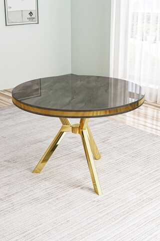 Masa, Charlotte, Mos, 90x74x90 cm, Panou lacuit din MDF, Antracit / Aur