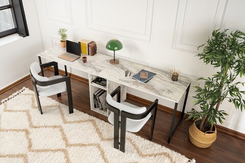 Birou, Nordure, Twin Study Desk, 240x74x60 cm, PAL, Frezie / Marmură / Negru