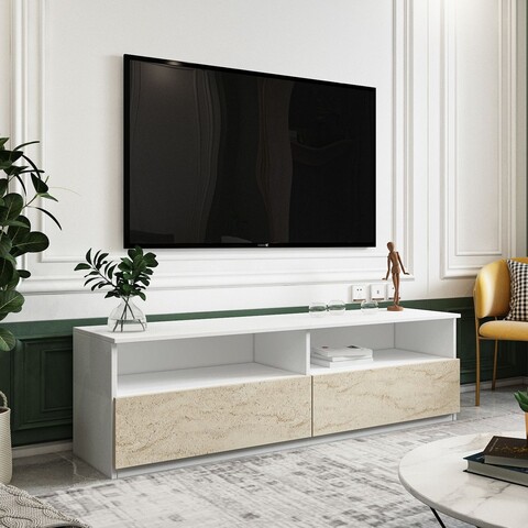 Comoda TV, Inarch, Centra, 144x49 cm, PAL, Alb / Travertin