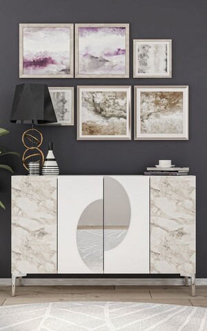 Consola, Chalmette, Afra KM120, 120x75x29 cm, PAL , Alb / Marmură Efes / Argint
