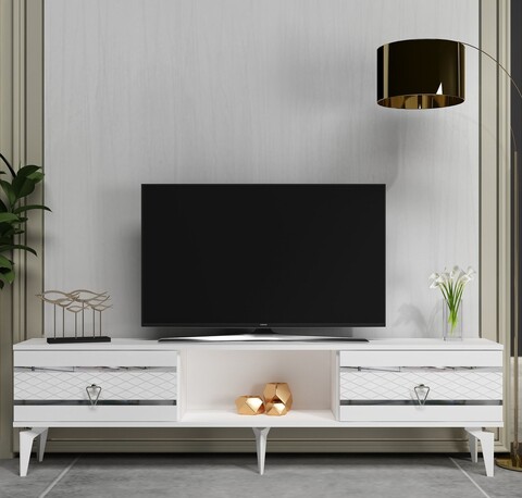 Comoda TV, Olivia, Pelin, 150x44 cm, PAL, Alb / Argintiu