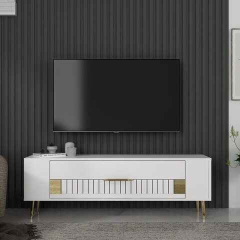 Comoda TV, Olivia, Retrolp4, 120x48 cm, PAL, Alb/Auriu