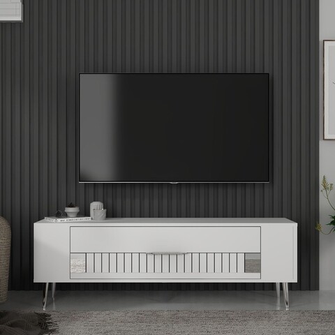 Comoda TV, Olivia, Retrolp4, 120x48 cm, PAL, Alb / Argintiu