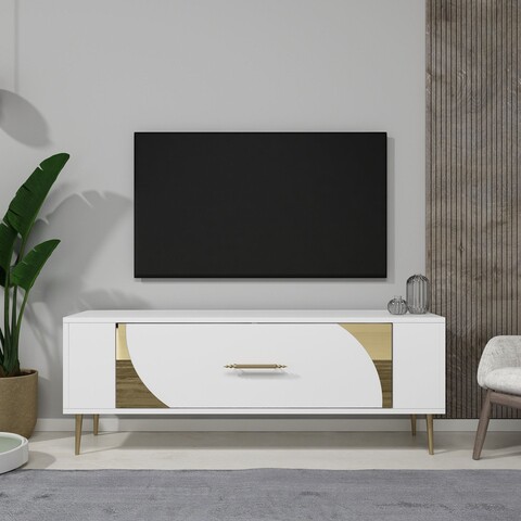 Comoda TV, Olivia, Retrop2, 120x48 cm, PAL, Alb/Auriu