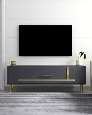 Comoda TV, Olivia, Retrop1, 120x48 cm, PAL, Antracit / Aur