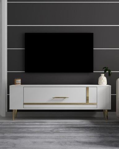 Comoda TV, Olivia, Retrop1, 120x48 cm, PAL, Alb/Auriu