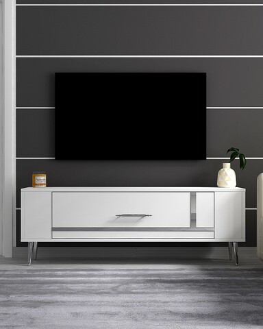Comoda TV, Olivia, Retrop1, 120x48 cm, PAL, Alb / Argintiu