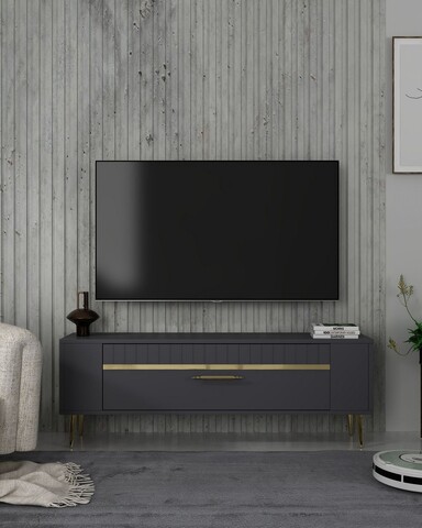 Comoda TV, Olivia, Retrolp1, 120x48 cm, PAL, Antracit / Aur
